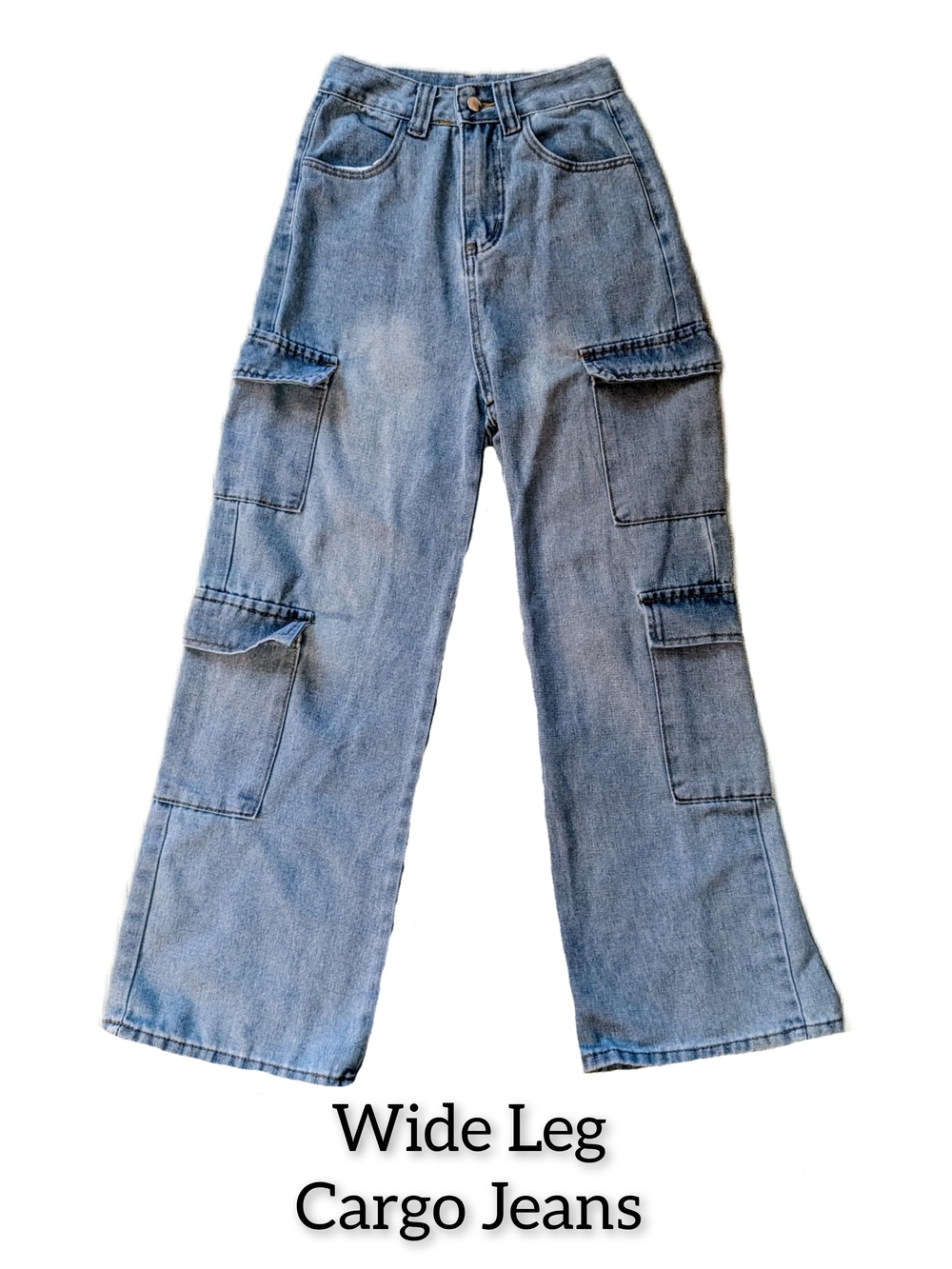Wide Leg Light Blue Cargo Jeans - Women's